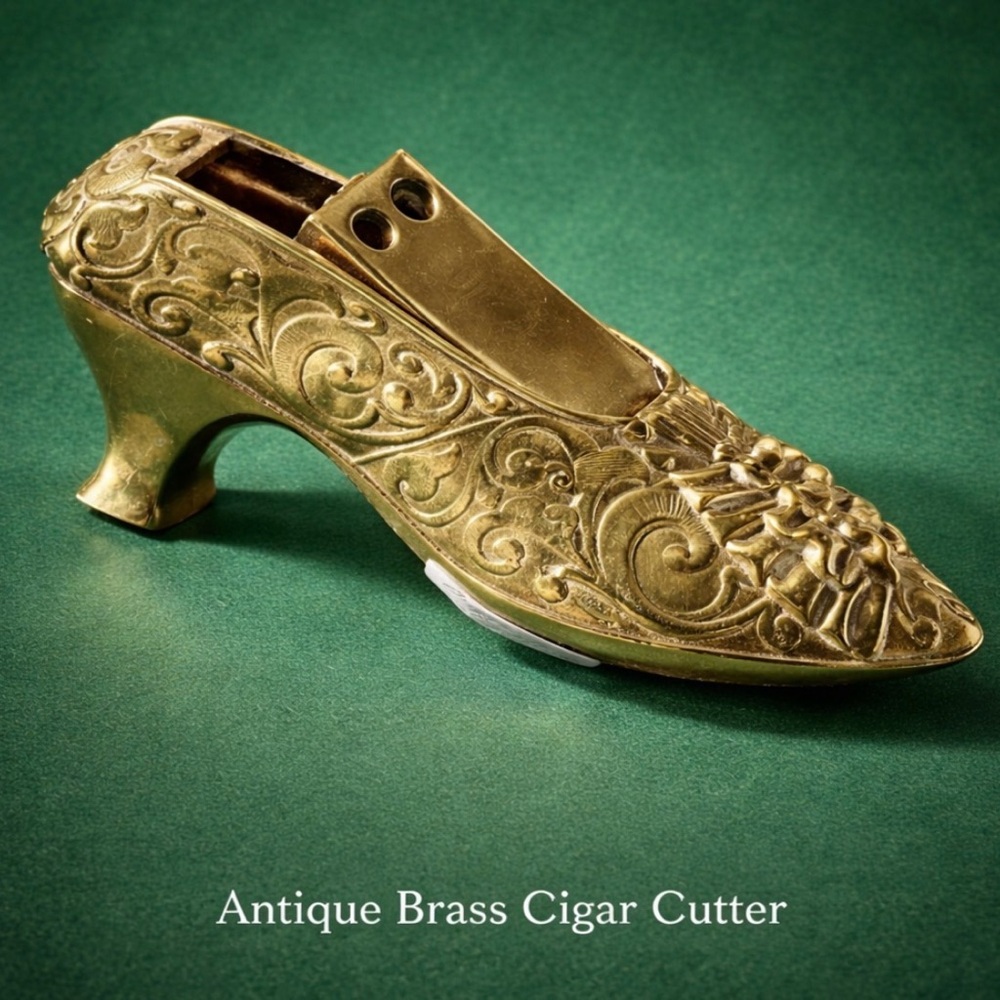 ‼️ Vintage Brass Cigar Cutter Shoe Form English Guillotine Cutter Ornate Gold